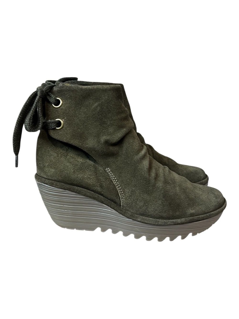 Fly London Women's Yama Green Suede Wedge Ankle Bootie Size 39/8.5